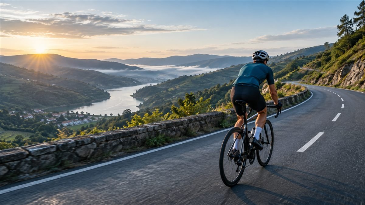 Ciclista pedalando por uma estrada entre montanhas ao amanhecer