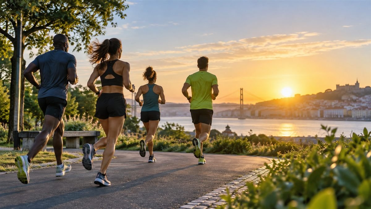 Grupo de corredores em um parque ao nascer do sol