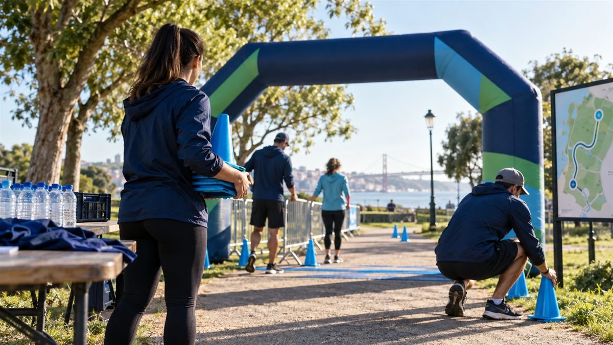 Organizadores preparando um evento esportivo em um parque