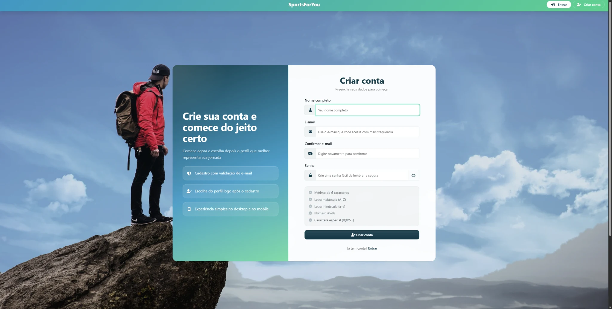 Tela real da SportsForYou: Criar conta