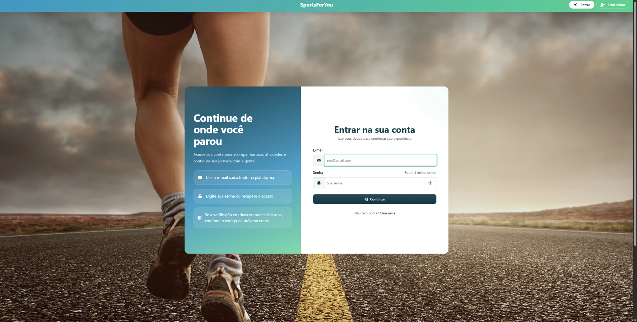 Tela real de login da SportsForYou