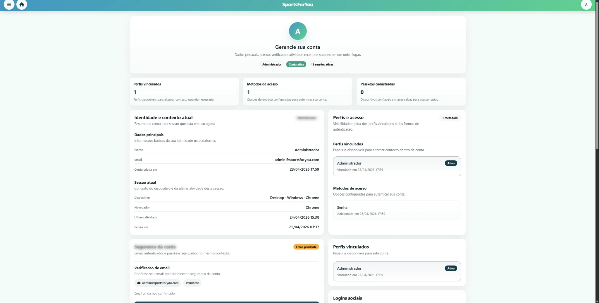 Tela real de gerenciamento da conta na SportsForYou