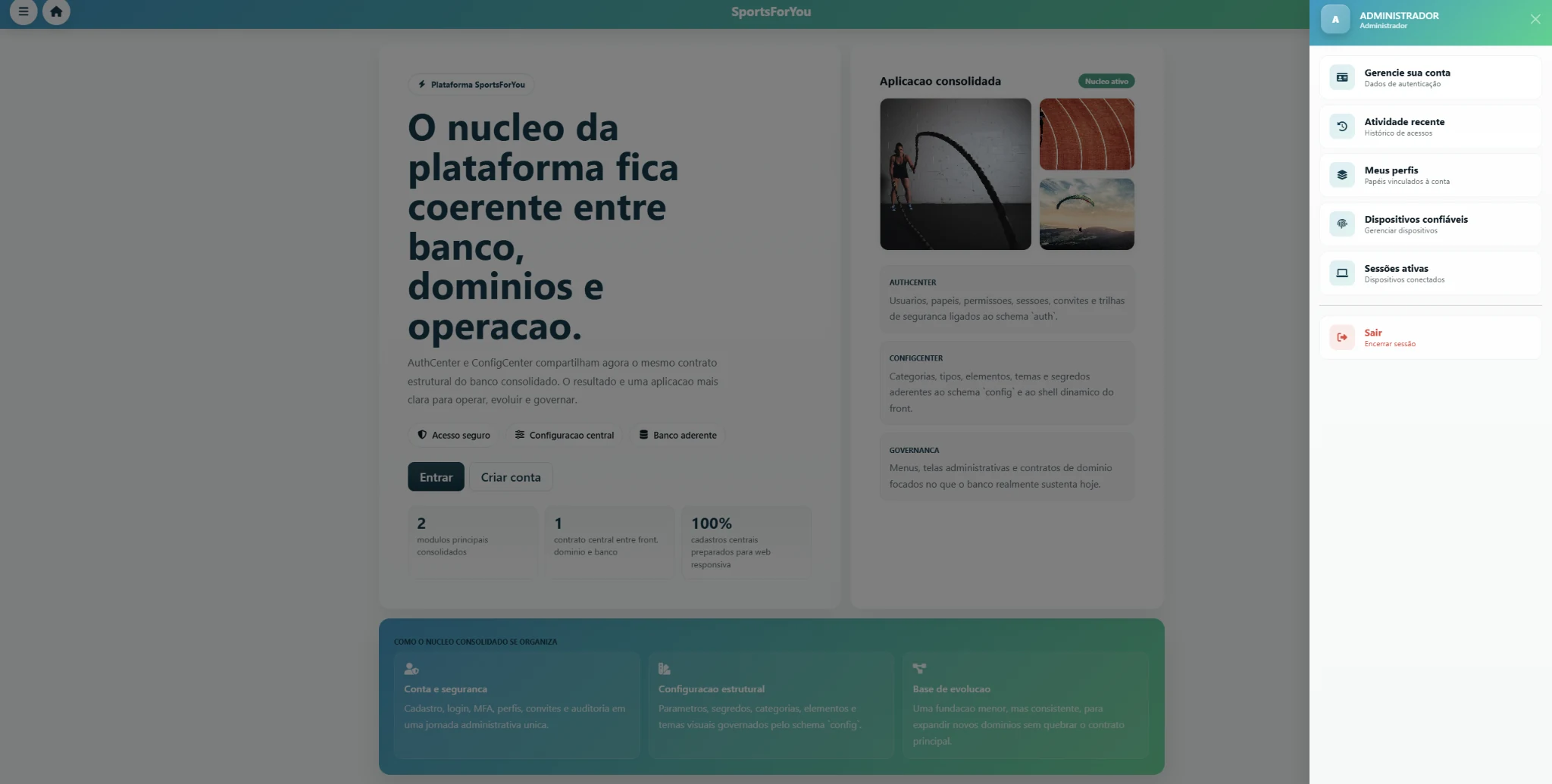 Tela real da SportsForYou: Painel da conta