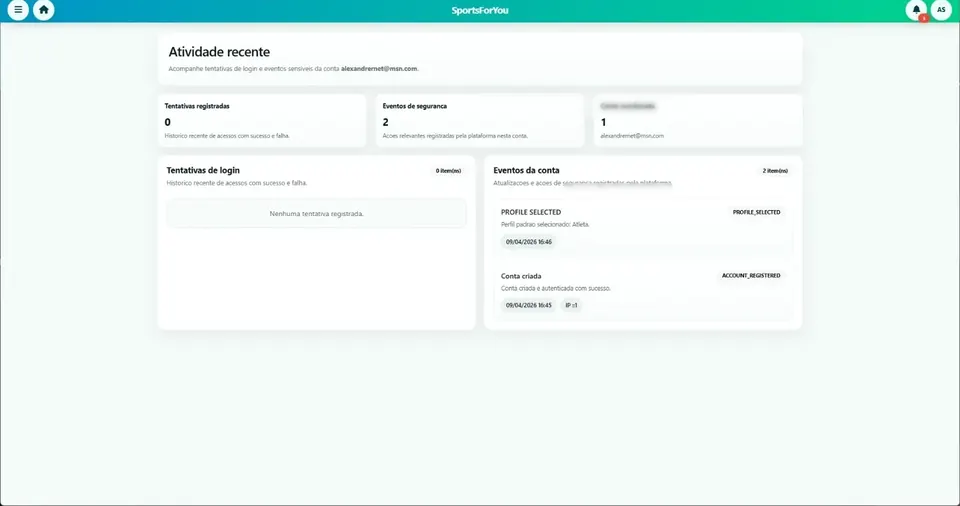 Tela de atividade recente na plataforma SportsForYou