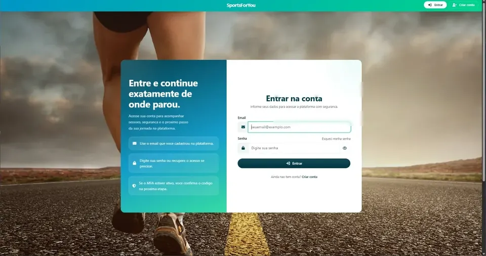 Tela de login SportsForYou