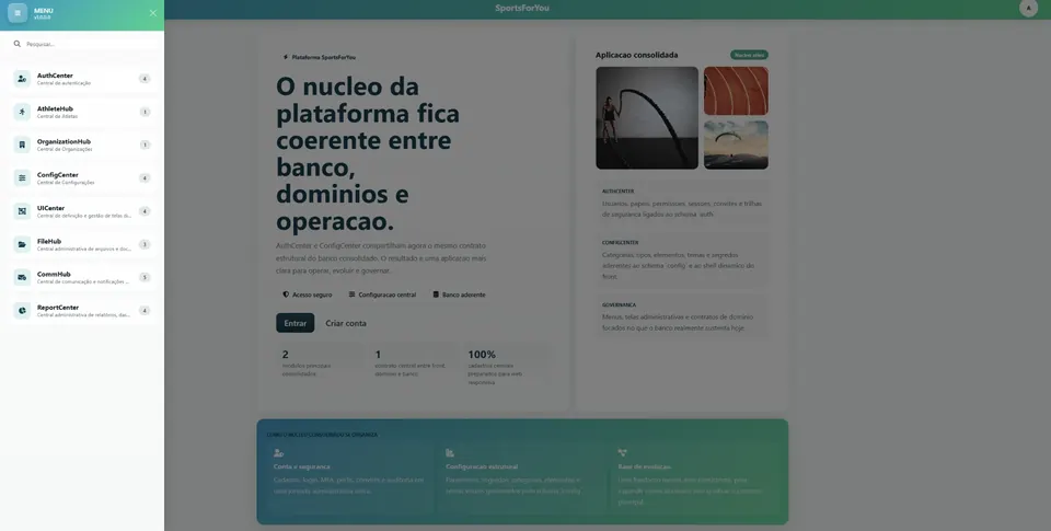 Tela de menu principal com módulos da SportsForYou