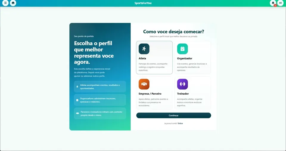 Tela de perfil inicial do atleta na SportsForYou